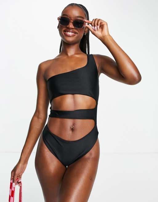 Black One Shoulder Cut Out Swimsuit