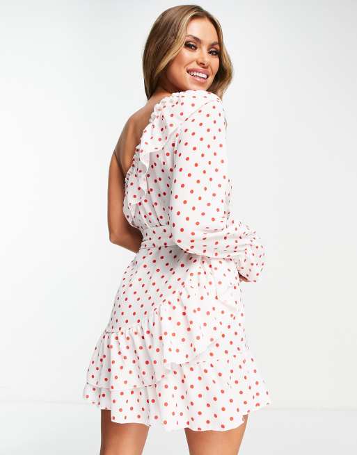 I Saw It First one shoulder ruffle belted tea dress in white polka dot