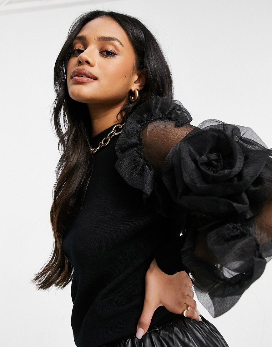 I Saw It First organza puff sleeve jumper with flower detail in black