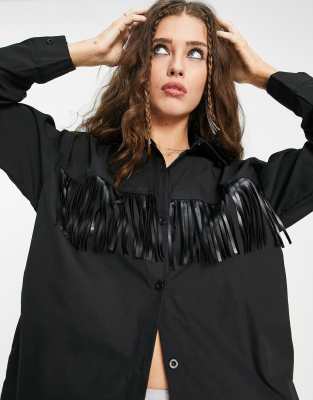 I Saw It First oversized fringe shirt in black