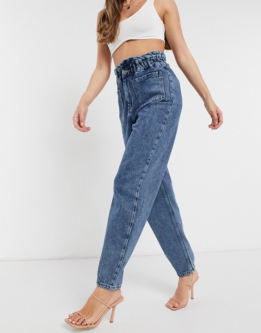 I Saw It First paperbag waist slouch jeans in washed blue