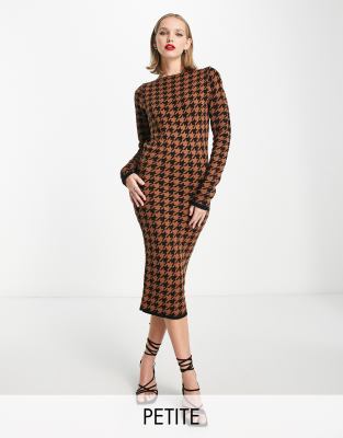 knitted midi dress in camel houndstooth print-Multi