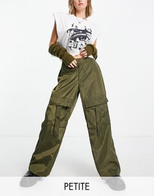 I Saw It First Petite nylon wide leg cargo trousers in khaki-Green