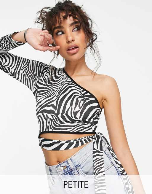 I Saw It First Petite one shoulder tie wasit top in zebra print ASOS