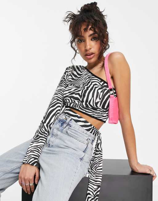 I Saw It First Petite one shoulder tie wasit top in zebra print ASOS