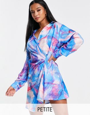 I Saw It First Petite satin knot front mini dress in bright smudge print - ASOS Price Checker