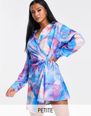 I Saw It First Petite I Saw It First Petite satin knot front mini dress in bright smudge print-Multi