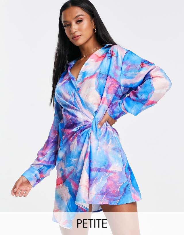 I Saw It First Petite satin knot front mini dress in bright smudge print