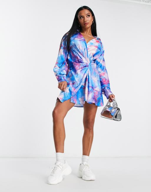 I Saw It First Petite satin knot front mini dress in bright smudge