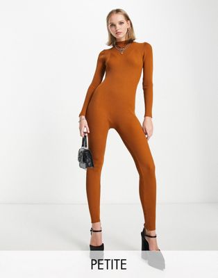 I Saw It First Petite Structured Knitted Jumpsuit In Camel-brown