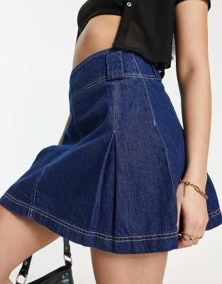 I Saw It First pleated denim mini skirt in dark blue