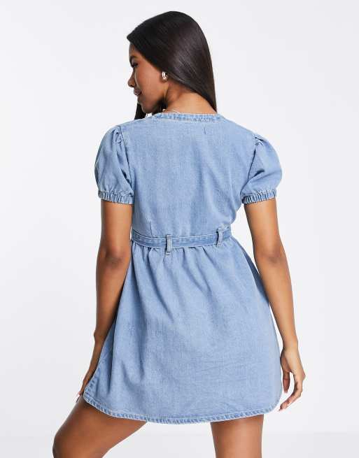 I Saw It First plunge button through denim dress in blue