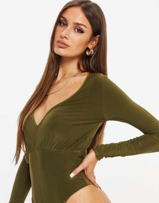 I Saw It First plunge front thong bodysuit in green, 3 of 4