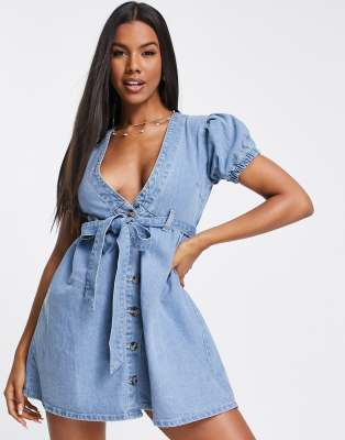 I Saw It First Plunge Neck Button Through Denim Dress In Blueblues