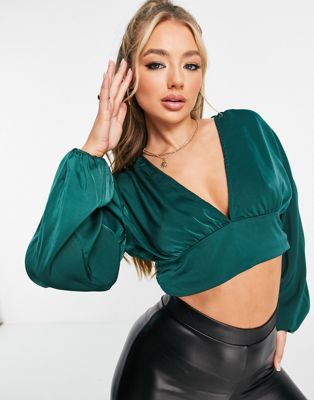 I Saw It First plunge satin blouse co ord in green