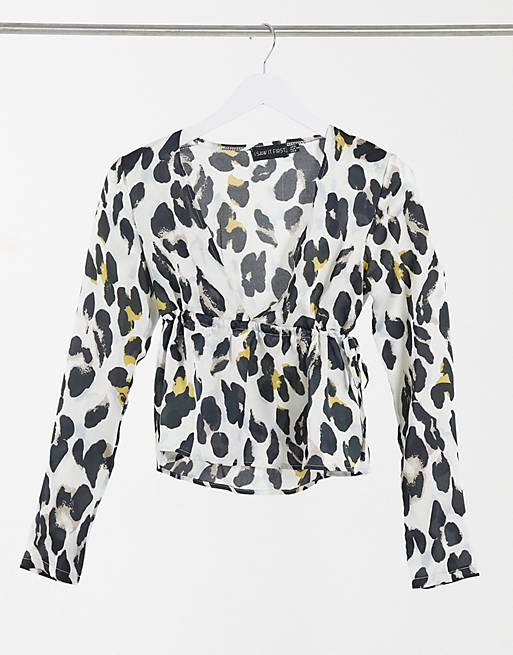 I Saw It First plunge tie long sleeve shirt in white leopard