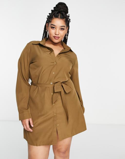 I Saw It First Plus belted cotton poplin shirt dress in khaki