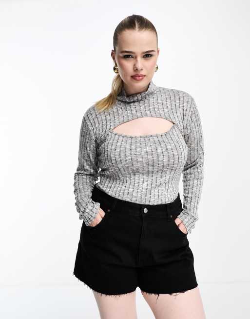 I Saw It First Plus – Body in Grau mit Zierausschnitt und breiter Rippenstruktur, 4 von 4