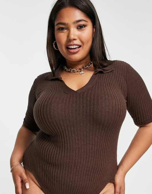 I Saw It First Plus - Body in maglia a coste con colletto, color cioccolato, 3 di 4