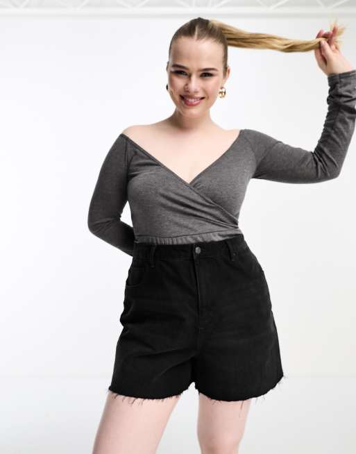 I Saw It First Plus - Body manches longues à encolure bardot - Gris