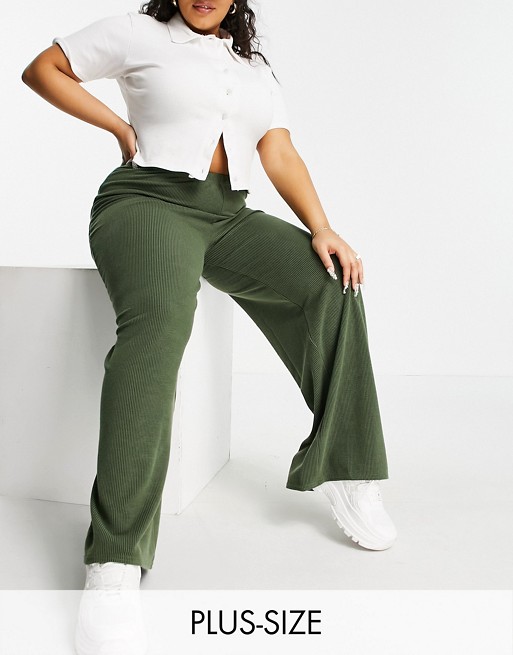 I Saw It First Plus contrast ribbed wide leg trousers in green