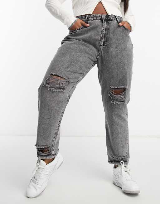 I Saw It First Plus - Distressed mom jeans in grijs met acid wash