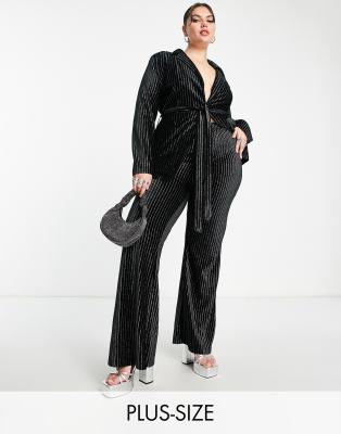 I Saw It First Plus stripe velvet blazer and pant set in black