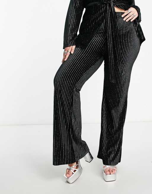 I Saw It First Plus flared stripe velvet pants in black (part of a set), 4 of 4