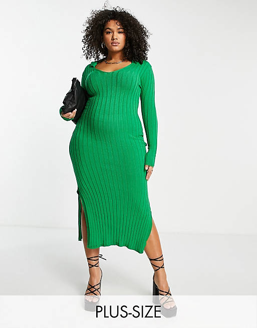 I Saw It First Plus - Geribbelde midi-jurk met zijsplitten in groen