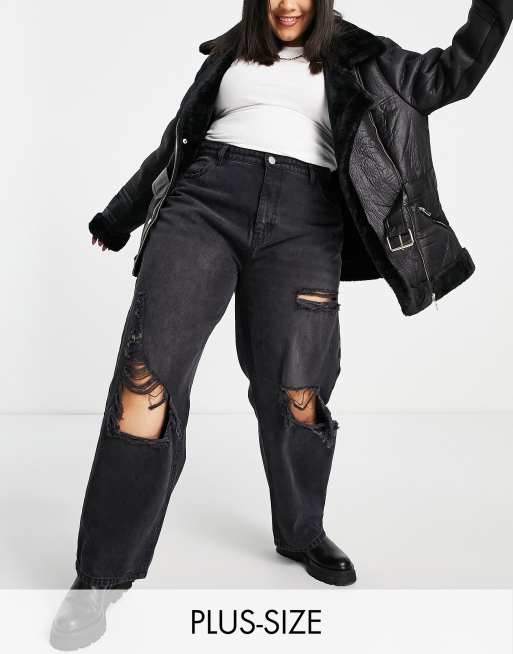 I Saw It First Plus - Jeans med vide ben og flænger på knæene i sort