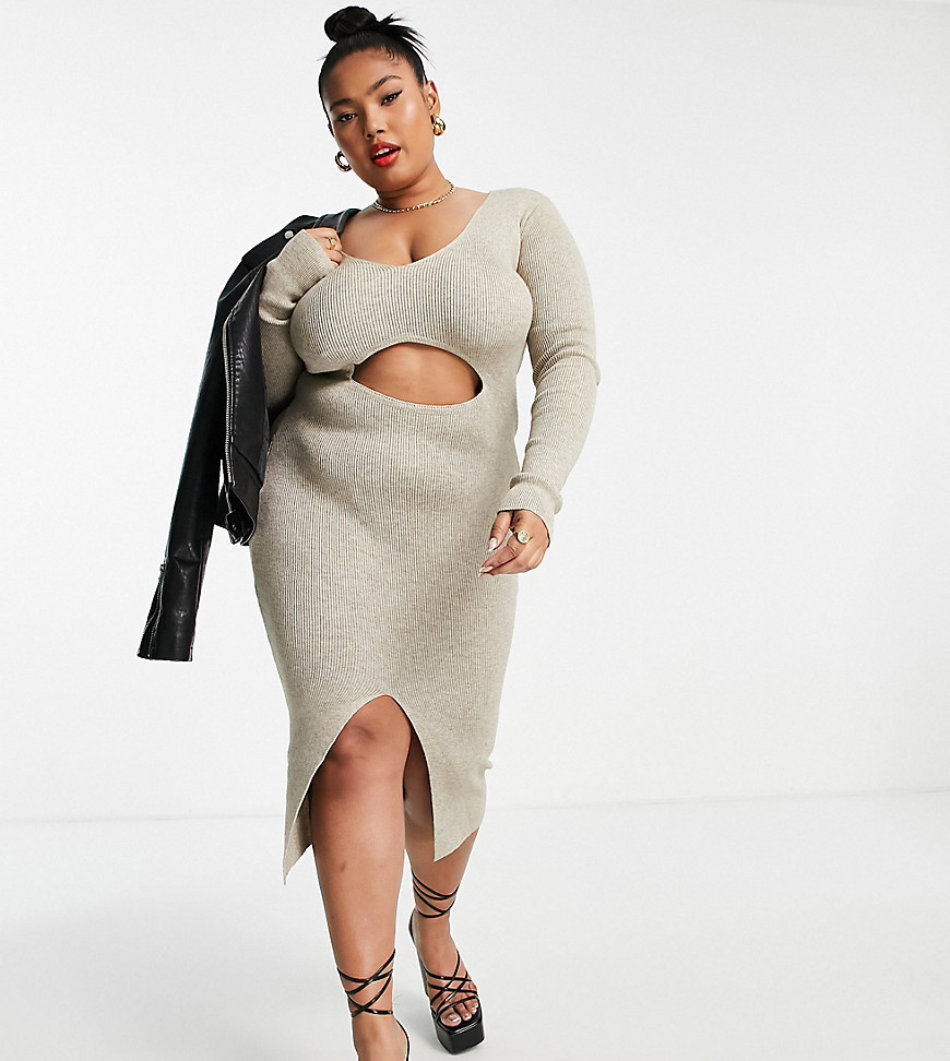 Plus-size dress by I Saw It First This dress on repeat Scoop neck Long sleeves Cut-out front Thigh split Bodycon fit