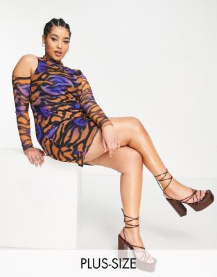 i saw it first plus one shoulder mesh bodycon dress in zebra print-multi