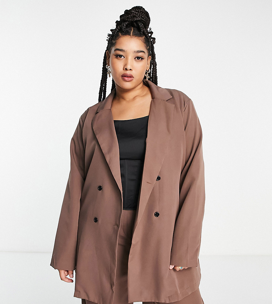 I Saw It First Curve I Saw It First Plus oversized double breasted blazer in mauve - part of a set-Neutral