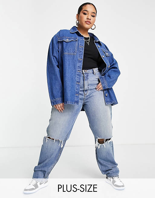 Tops Shirts & Blouses/I Saw It First Plus oversized pocket detail denim shirt in mid wash blue 