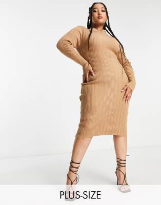 I Saw It First Curve I Saw It First Plus Rib High Neck Midi Dress In Camel-neutral