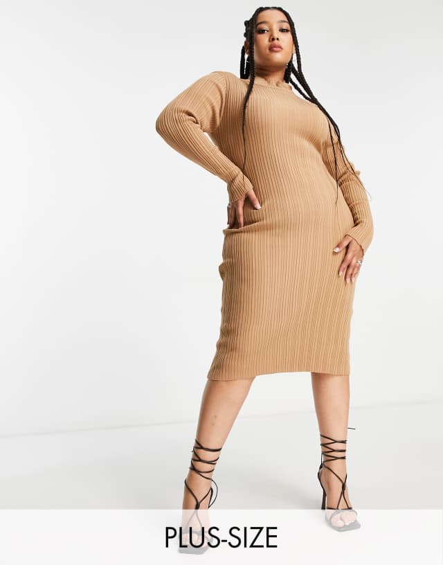 I Saw It First Plus rib high neck midi dress in camel