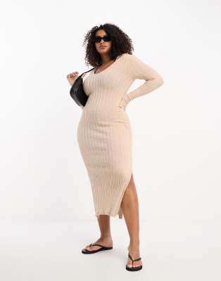 I Saw It First Curve I Saw It First Plus Rib Midi Dress With Side Split In Oatmeal-pink In Neutral