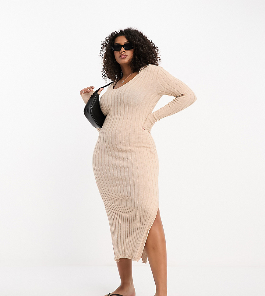 I Saw It First Curve I Saw It First Plus Rib Midi Dress With Side Split In Oatmeal-pink In Neutral