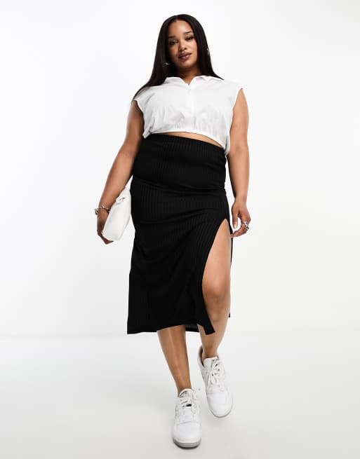 I Saw It First Plus ribbed split midi skirt in black | ASOS