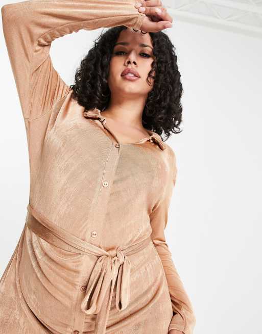 I Saw It First Plus - Robe froncée devant avec liens noués à la taille - Camel, 4 de 4