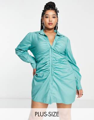 I Saw It First Plus ruched detail shirt dress in sage - ASOS Price Checker