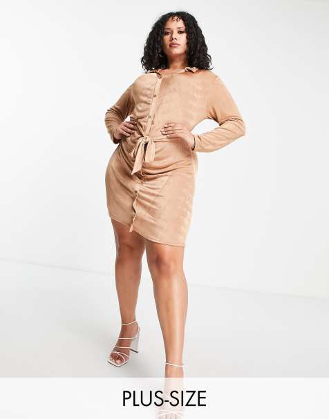 I Saw It First Plus ruched front dress with waist tie in camel - view 1