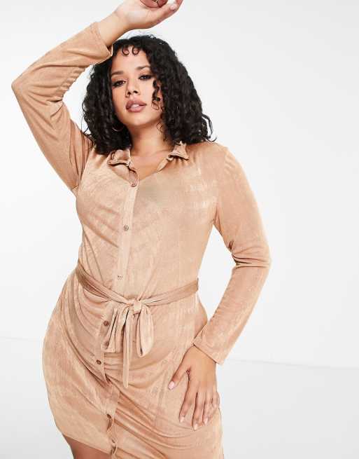 I Saw It First Plus ruched front dress with waist tie in camel, 2 of 4