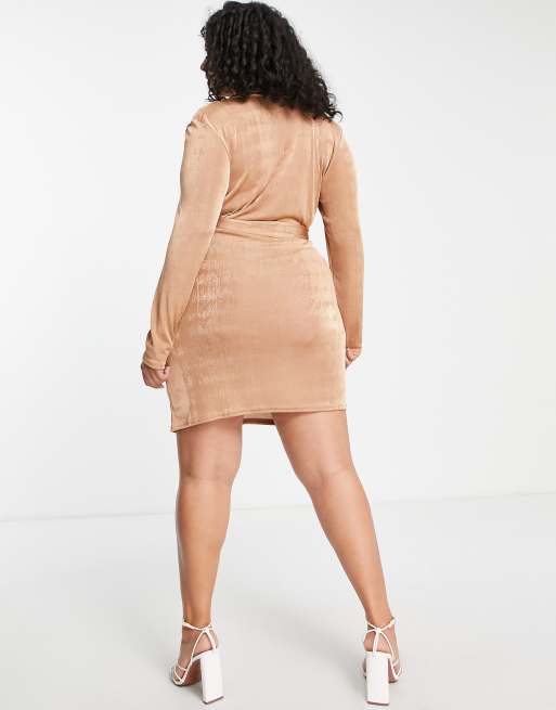 I Saw It First Plus ruched front dress with waist tie in camel, 3 of 4