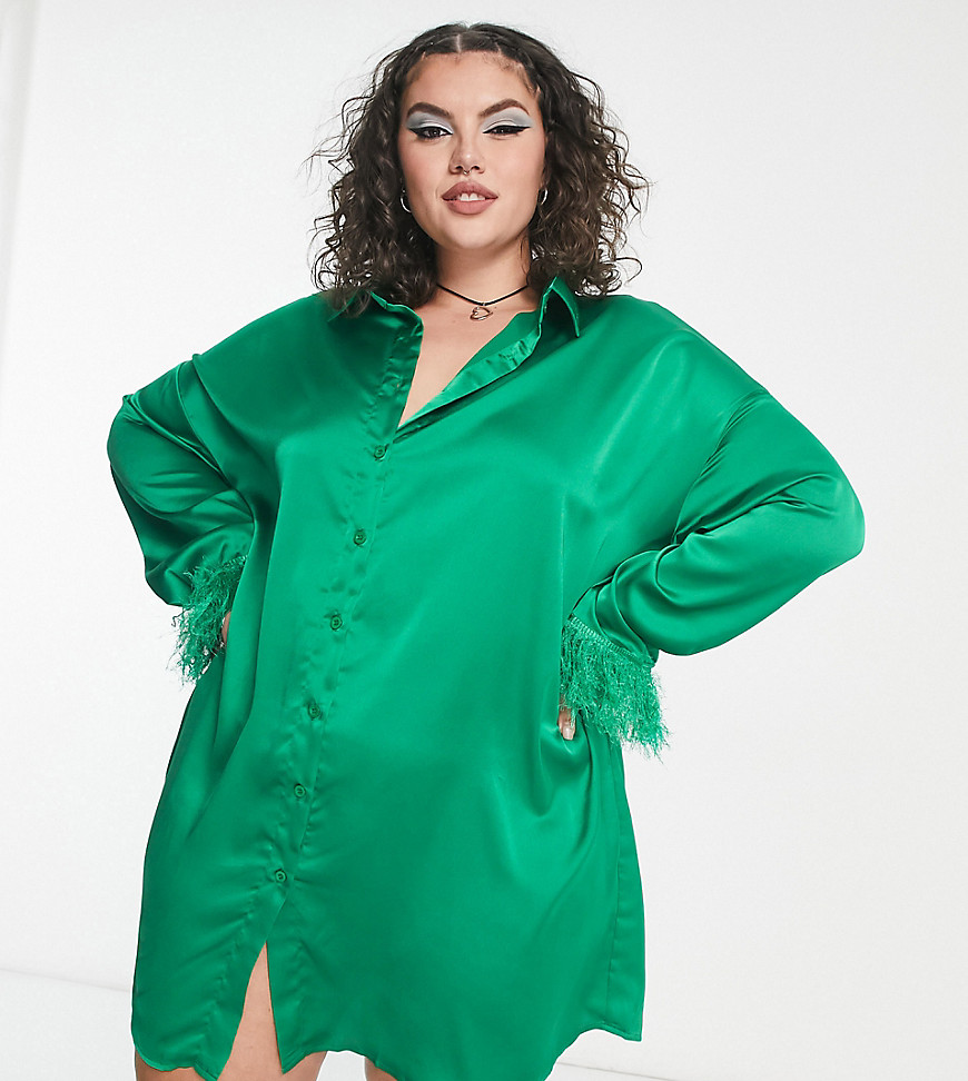 I Saw It First Curve I Saw It First Plus shirt dress with faux fur trim in emerald green-Red