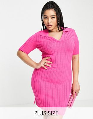 I Saw It First Plus shirt sleeve rib midi dress with side split in pink