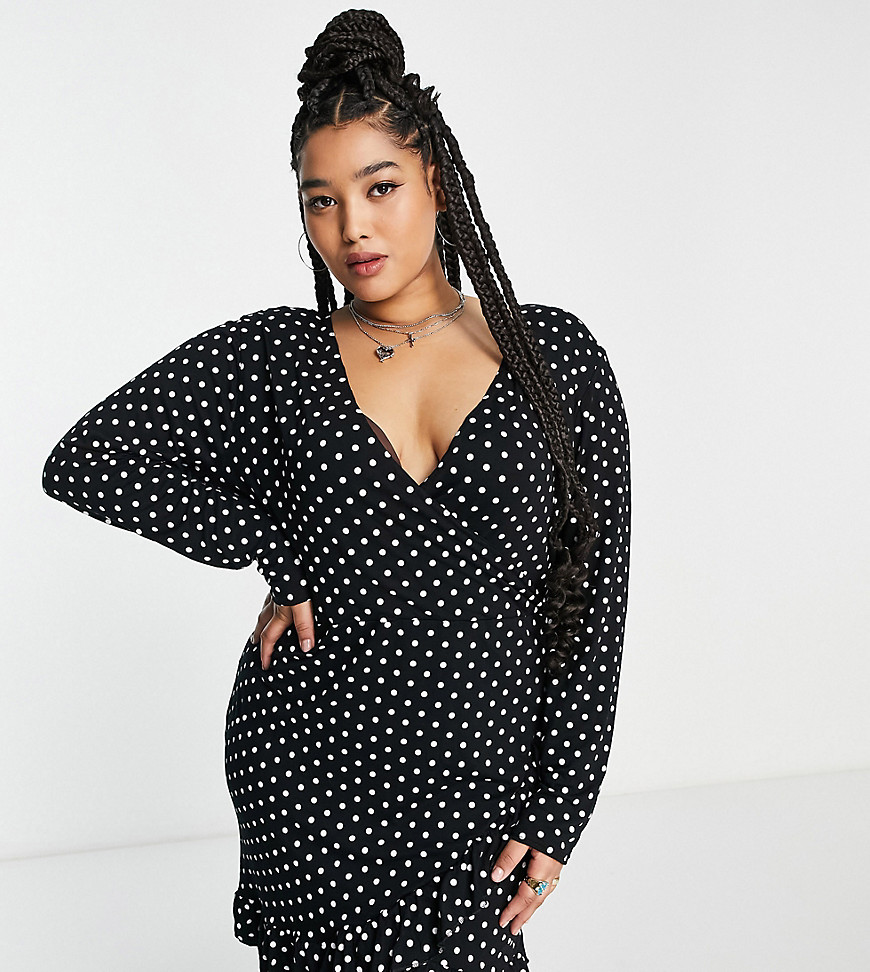 I Saw It First Curve I Saw It First Plus short sleeve wrap front ruffle dress in polka dot-Multi