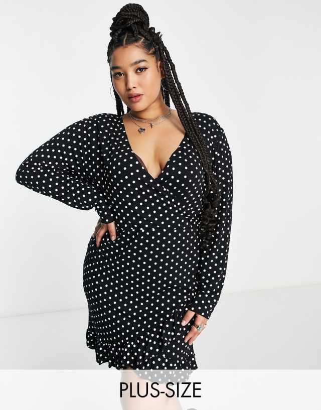 I Saw It First Plus short sleeve wrap front ruffle dress in polka dot