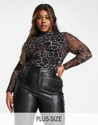 I Saw It First Plus - Sort bodystocking i mesh med print