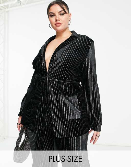 I Saw It First Plus stripe velvet blazer co-ord in black 